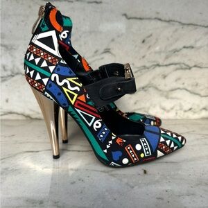Women’s Patterned Pointed-Toe Heels with Buckle Strap - Black Multicolor
